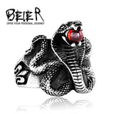 BEIER Cobra Red Stone Snake Ring Stainless Titanium Steel Punk Heavy Metal Animal Jewelry